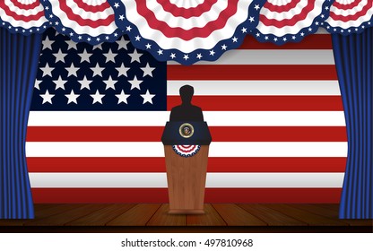 Presidential election banner background. President podium with unknown person on stage and United state of America flag design for US Presidential election 2016. Vector illustration.
