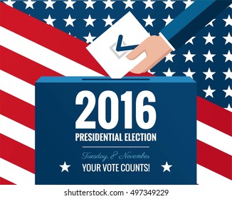 Presidential election banner background. US Presidential election 2016. Hand putting voting paper in the ballot box with american flag on background.  Flat design, vector illustration.