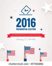 Presidential election banner background. US Presidential election 2016. Hands holding US flags.  Flat design, vector illustration.