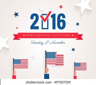 Presidential election banner background. US Presidential election 2016. Hands holding US flags.  Flat design, vector illustration.