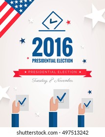 Presidential election banner background. US Presidential election 2016. Hands holding voting papers.  Flat design, vector illustration.