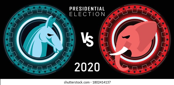 Presidential Election Banner for year 2020. American Election campaign between democrats and republicans. Electoral symbols of both political parties as elephant & donkey. Red & Blue.