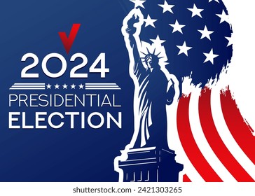 Presidential Election Campaign banner. November 5 is the Vote Day of the US Election 2024. Banner template with Liberty Statue and Official State Flag of United States of America.