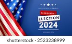 Presidential Election day in the United States of America 2024. Election event banner with realistic national American flag on blue background. Vote November 5 in USA. Vector illustration