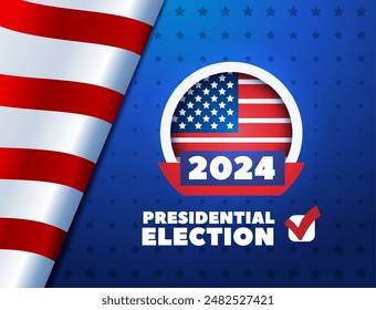 Presidential election day. Vote 2024 in USA, banner design. American flag. Flyer, banner for news. Election voting poster. Political election campaign