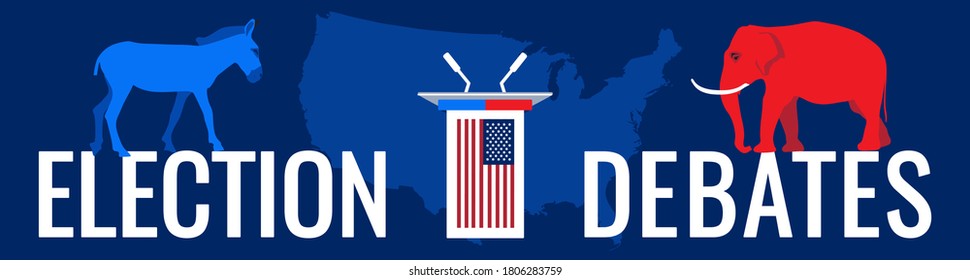 Presidential election debates 2020 in USA concept. Public speaker politician tribune, United States of America flag, map. Republican Elephant, Democratic Donkey, parties mascots silhouettes. Vector