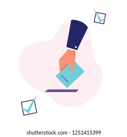 Presidential election and democracy political process selecting president, governor, or parliament member with election and referendum freedom to hand paper vote with ballot box vector illustration