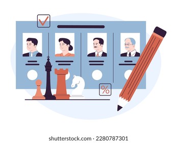 Presidential election. Democratic procedure, citizens deliberate and decide country's future by the electoral process. People choosing their leader checking ballot form. Flat vector illustration