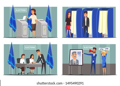 Presidential election flat illustrations set. People in voting booth, woman throwing ballot paper in polling box cartoon characters. President, city, town mayor candidate choosing drawings pack