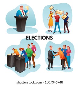 Presidential election flat illustrations set. People in voting booth, woman throwing ballot paper in polling box cartoon characters. President, city, town mayor candidate choosing drawings pack