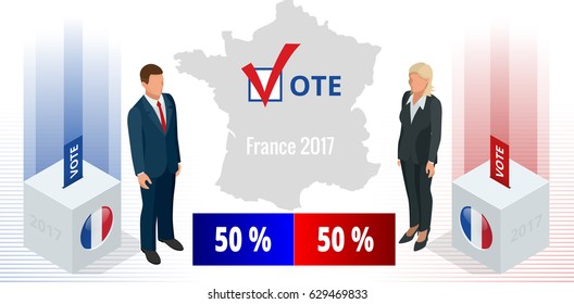 Presidential Election in France 2017, ballot box in front.  Marine Le Pen and Emmanuel Macron