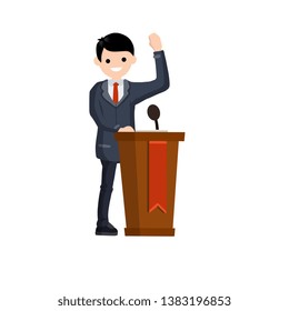 Presidential election. Male politician stands behind the podium. Male speech. Debate and discussion. Lecturer at a lecture in a suit. Cartoon flat illustration