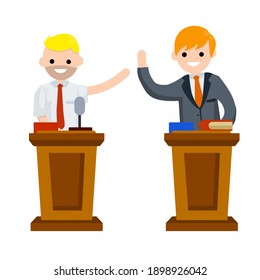 Presidential election. Men are debating at podium. Red versus blue. Characters in costumes talking. Cartoon flat illustration. Speech of politicians