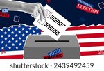 Presidential election promo collage. Vector banner with USA flags and halftone hand putting ballot in voting box. Collage for US Election 2024 campaign. Vote day, November 5.