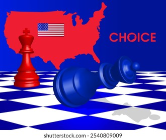 Presidential election. Republican victory in the presidential election. Like a game of chess with a king and a queen on a chessboard. The blue queen has fallen. The red victory in the election.