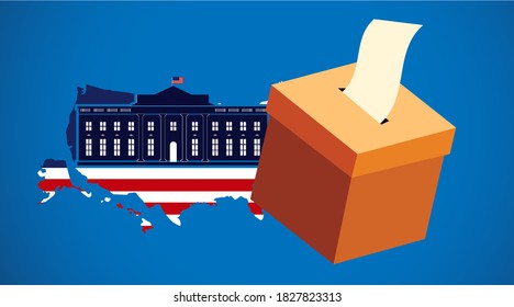 Presidential election in United States banner.Voting paper in ballot box on America map background.US Presidential election campaign poster.Usa debate of president voting concepts.Vector illustration.