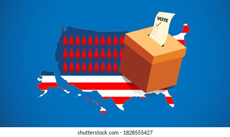 Presidential election in United States banner.Voting paper in ballot box on America map background.US Presidential election campaign poster.Usa debate of president voting concepts.Vector illustration.