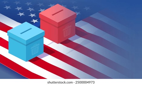 Presidential Election in United States. Red and blue ballot boxes on US flag.