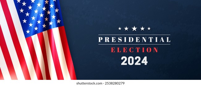 Banner da eleição presidencial EUA 2024 com bandeira nacional americana realista sobre fundo azul. Projeto de dia de votação para web banner, poster, folheto, post nas mídias sociais. 5 de novembro. Ilustração vetorial