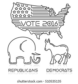 Presidential elections 2016. USA. logo design for US presidential elections. Line icons set. Vote 2016. Elephant and donkey. Democrats and Republicans. Vector illustration