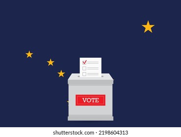 Presidential elections in Alaska state. State flag and ballot box voting set.