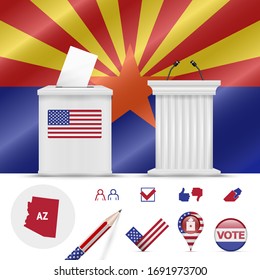 Presidential elections in Arizona. Vector waving flag, realistic ballot box, public speaker's podium, silhouette map and voting icon set.