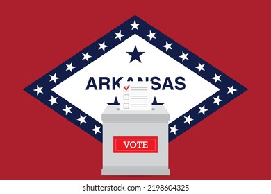 Presidential elections in Arkansas state. State flag and ballot box voting set.