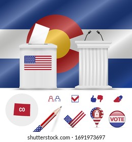 Presidential elections in Colorado. Vector waving flag, realistic ballot box, public speaker's podium, silhouette map and voting icon set.