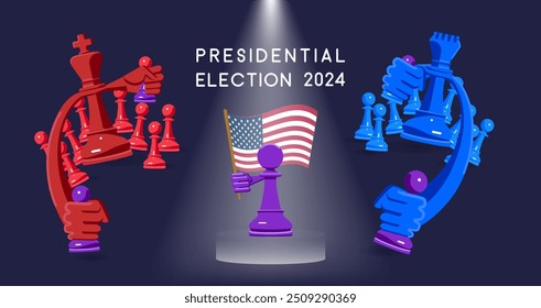 Presidential elections. The election campaign as a game of chess. Working with the electorate. Reds and blues fight for votes in the elections.The purple pawn in the center as not supporting anyone 