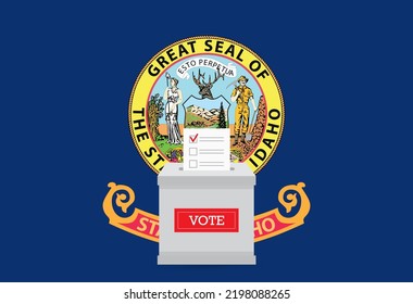 Presidential elections in Idaho state. State flag and ballot box voting set.