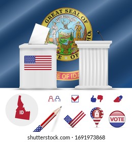 Presidential elections in Idaho. Vector waving flag, realistic ballot box, public speaker's podium, silhouette map and voting icon set.