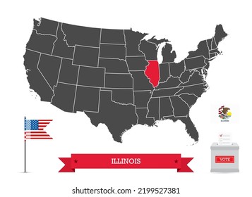 Presidential elections in Illinois. State flag and ballot box, silhouette USA map and flag. 