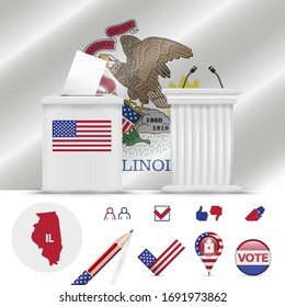 Presidential elections in Illinois. Vector waving flag, realistic ballot box, public speaker's podium, silhouette map and voting icon set.