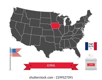 Presidential elections in Iowa. State flag and ballot box, silhouette USA map and flag. 