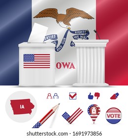 Presidential elections in Iowa. Vector waving flag, realistic ballot box, public speaker's podium, silhouette map and voting icon set.