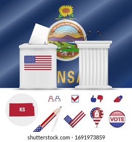 Presidential elections in Kansas. Vector waving flag, realistic ballot box, public speaker's podium, silhouette map and voting icon set.