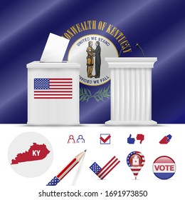 Presidential elections in Kentucky. Vector waving flag, realistic ballot box, public speaker's podium, silhouette map and voting icon set.