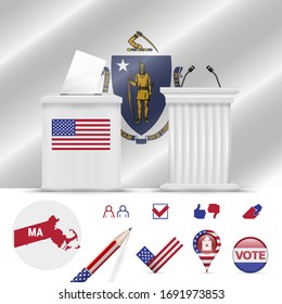 Presidential elections in Massachusetts. Vector waving flag, realistic ballot box, public speaker's podium, silhouette map and voting icon set.