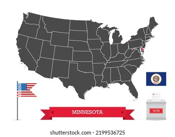Presidential elections in Minnesota. State flag and ballot box, silhouette USA map and flag. 