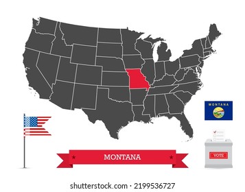 Presidential elections in Montana. State flag and ballot box, silhouette USA map and flag. 