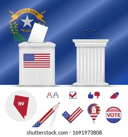 Presidential elections in Nevada. Vector waving flag, realistic ballot box, public speaker's podium, silhouette map and voting icon set.