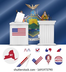 Presidential elections in New York. Vector waving flag, realistic ballot box, public speaker's podium, silhouette map and voting icon set.
