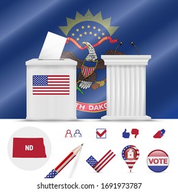 Presidential elections in North Dakota. Vector waving flag, realistic ballot box, public speaker's podium, silhouette map and voting icon set.
