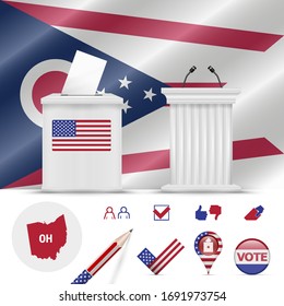 Presidential elections in Ohio. Vector waving flag, realistic ballot box, public speaker's podium, silhouette map and voting icon set.