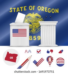 Presidential elections in Oregon. Vector waving flag, realistic ballot box, public speaker's podium, silhouette map and voting icon set.