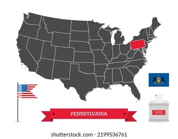 Presidential elections in Pennsylvania. State flag and ballot box, silhouette USA map and flag. 