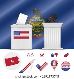 Presidential elections in Pennsylvania. Vector waving flag, realistic ballot box, public speaker's podium, silhouette map and voting icon set.