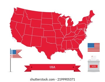 Präsidentschaftswahlen in den USA. Staatsflagge und Wahlurne, Silhouette USA Karte und Flagge. 