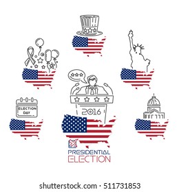 Presidential elections. USA. Vote 2016. White House. Statue of Liberty. US symbol set. Vector illustration