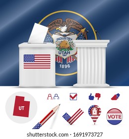 Presidential elections in Utah. Vector waving flag, realistic ballot box, public speaker's podium, silhouette map and voting icon set.